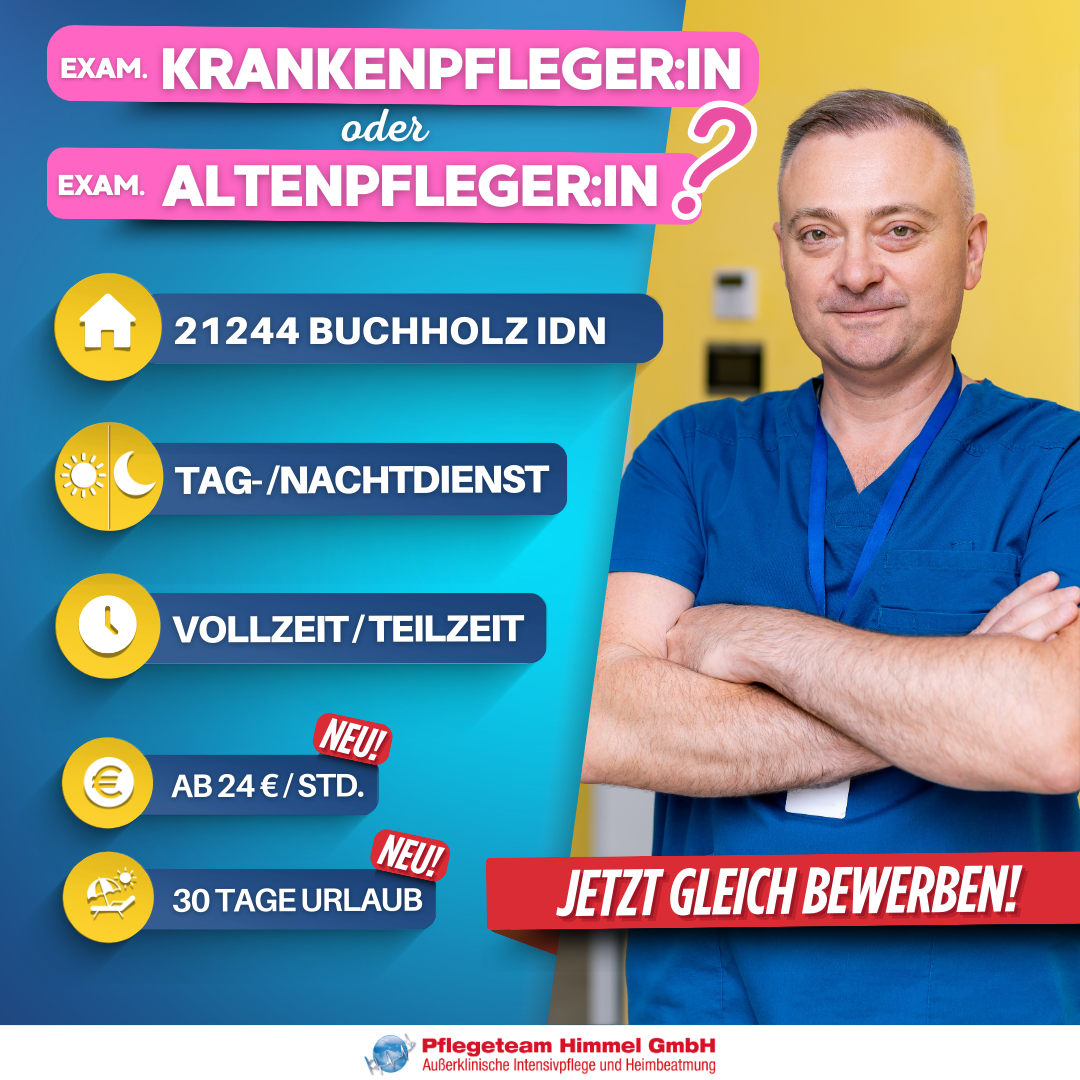 Lächelnde Krankenpfleger:in in blauer Arbeitskleidung mit Stethoskop bewirbt Stellenausschreibung für examinierte Pflegefachkraft in 21244 Buchholz in der Nordheide