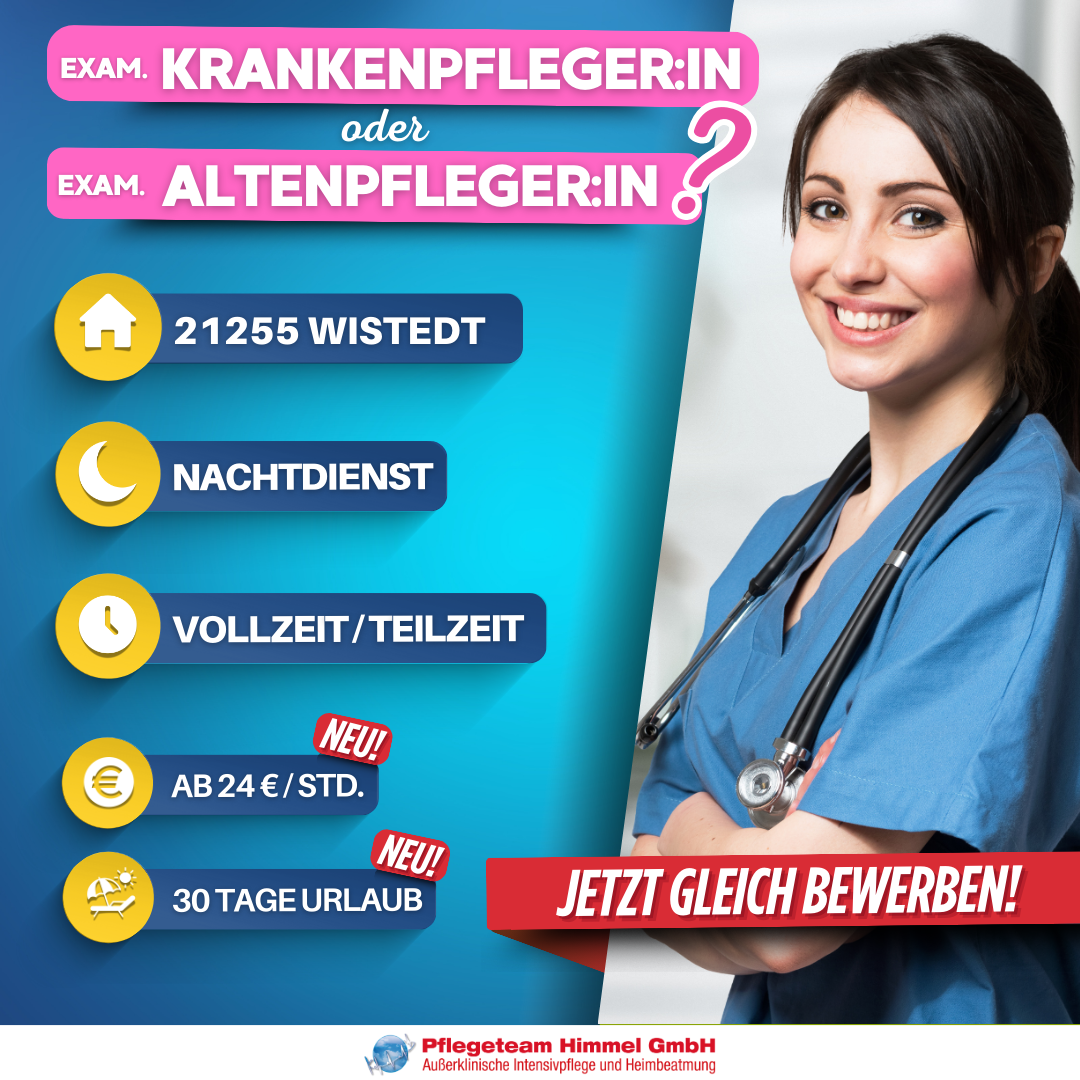 Lächelnde Krankenpfleger:in in blauer Arbeitskleidung mit Stethoskop bewirbt Stellenausschreibung für examinierte Pflegefachkraft in 21255 Wistedt