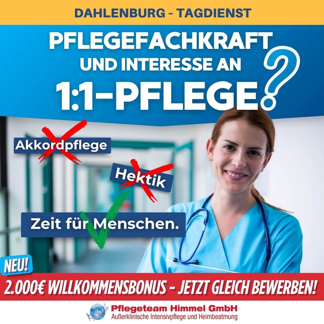 Pflegefachkraft Intensivpflege Dahlenburg: Stellenanzeige Pflegeteam Himmel für 1:1-Pflege im Tagdienst. Willkommensbonus!