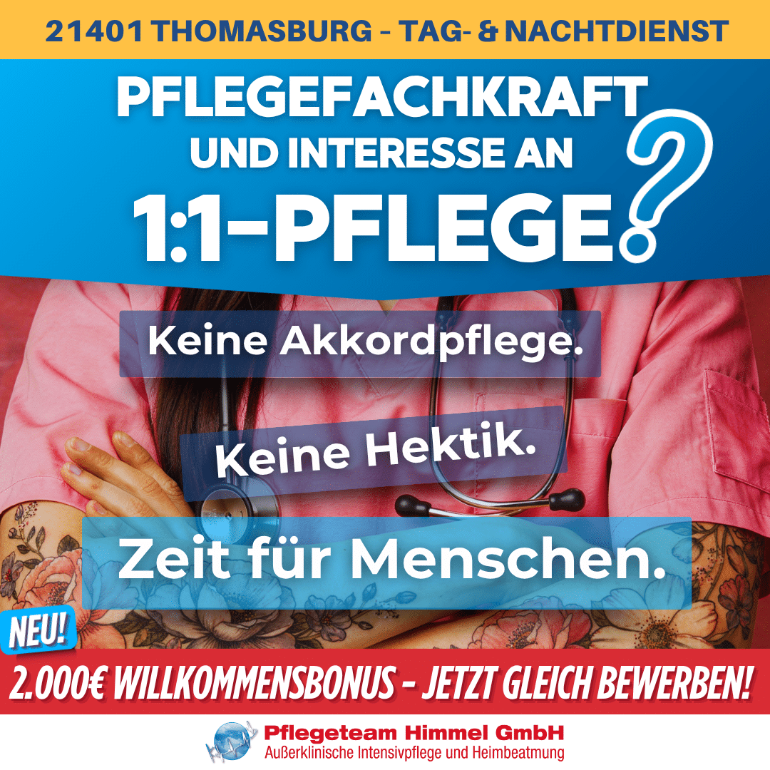 Pflegefachkraft Intensivpflege Thomasburg: Stellenanzeige Pflegeteam Himmel f&uuml;r 1:1-Pflege im Tag- und Nachtdienst.