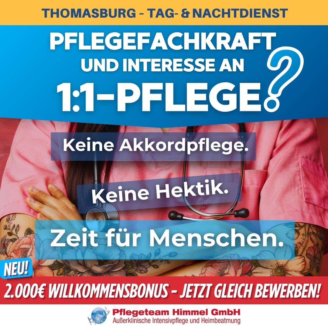 Pflegefachkraft Intensivpflege Thomasburg: Stellenanzeige Pflegeteam Himmel f&uuml;r 1:1-Pflege im Tag- und Nachtdienst.