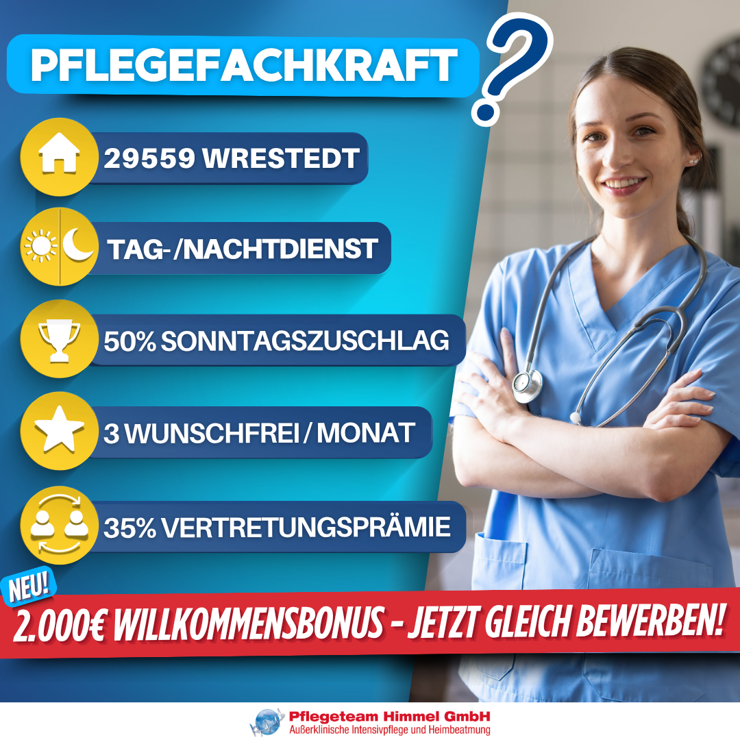 Pflegefachkraft gesucht in 29559 Wrestedt - Tag- und Nachtdienst, 50% Sonntagszuschlag - Pflegeteam Himmel