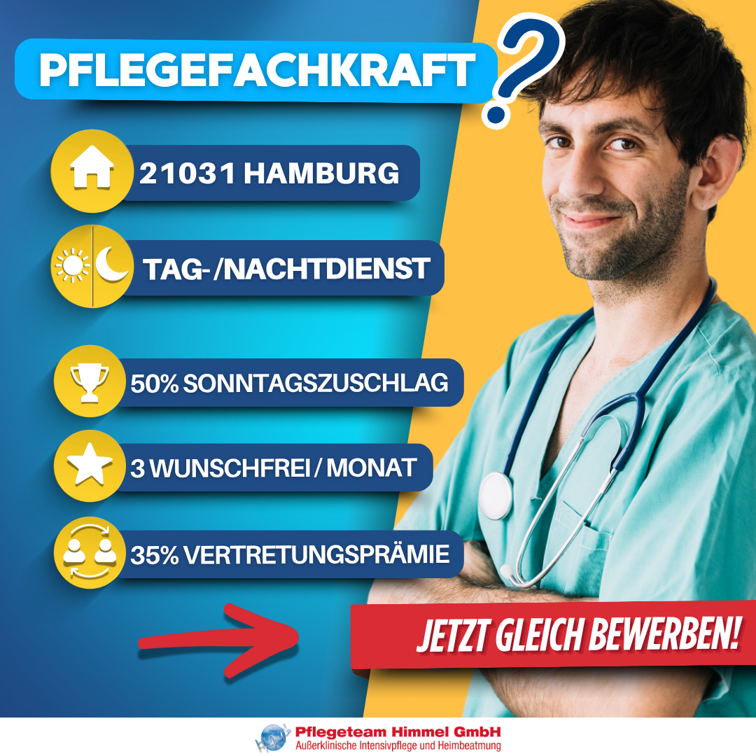 Stellenanzeige Pflegeteam Himmel: Stellenausschreibung Pflegefachkraft in 21031 Hamburg-Bergedorf für Mann (38 Jahre) mit neurologischer Entwicklungsstörung, Tracheostoma und PEG-Sonde, nicht beatmet, Tag- und Nachtdienst, 50 Prozent Sonntagszuschlag, 3 Wunschfrei-Tage pro Monat, 35 Prozent Vertretungsprämie, liebevolle indische Familie. Pflegeteam Himmel GmbH Logo für außerklinische Intensivpflege und Heimbeatmung.