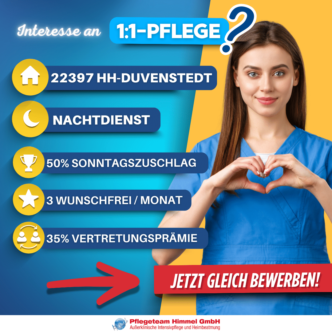 Pflegejob 22397 Hamburg: Krankenpfleger/Altenpfleger für Nachtdienst gesucht, Vollzeit/Teilzeit - Pflegeteam Himmel Intensivpflege