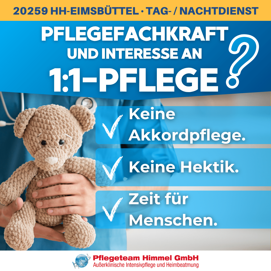 Pflegejob 20259 HH-Eimsb&uuml;ttel: 1:1-Intensivpflege, Tag- & Nachtdienst, 50% Sonntagszuschlag, 35% Einspringpr&auml;mie, 150&euro; Flex-Pr&auml;mie - Pflegeteam Himmel