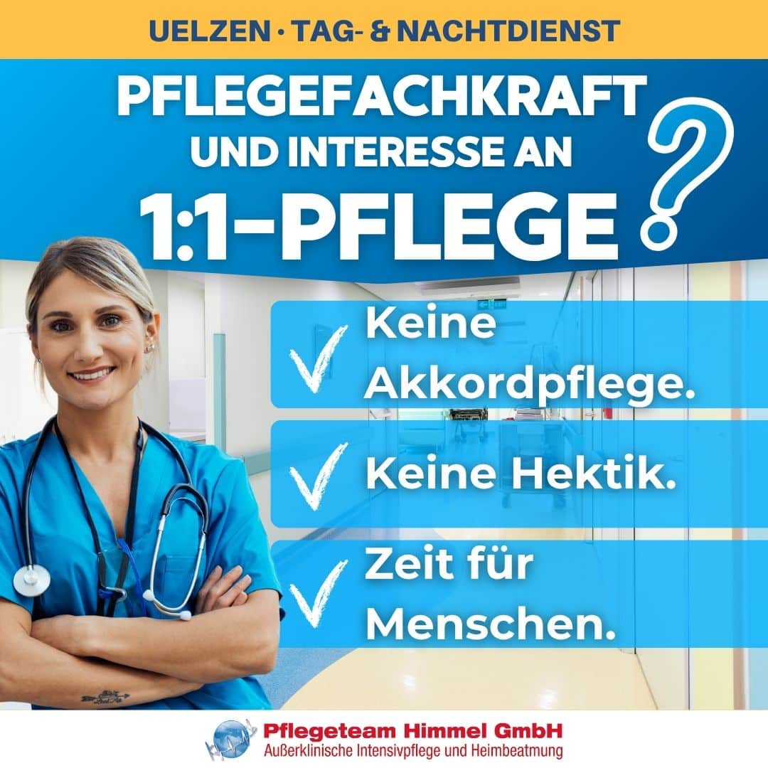 Pflegefachkraft Intensivpflege Uelzen: Stellenanzeige Pflegeteam Himmel für 1:1-Pflege im Tag- und Nachtdienst.