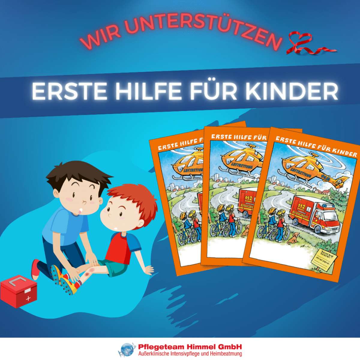 Grafik mit zwei Kindern, einem Erste-Hilfe-Kasten und drei Büchern über Erste Hilfe für Kinder.