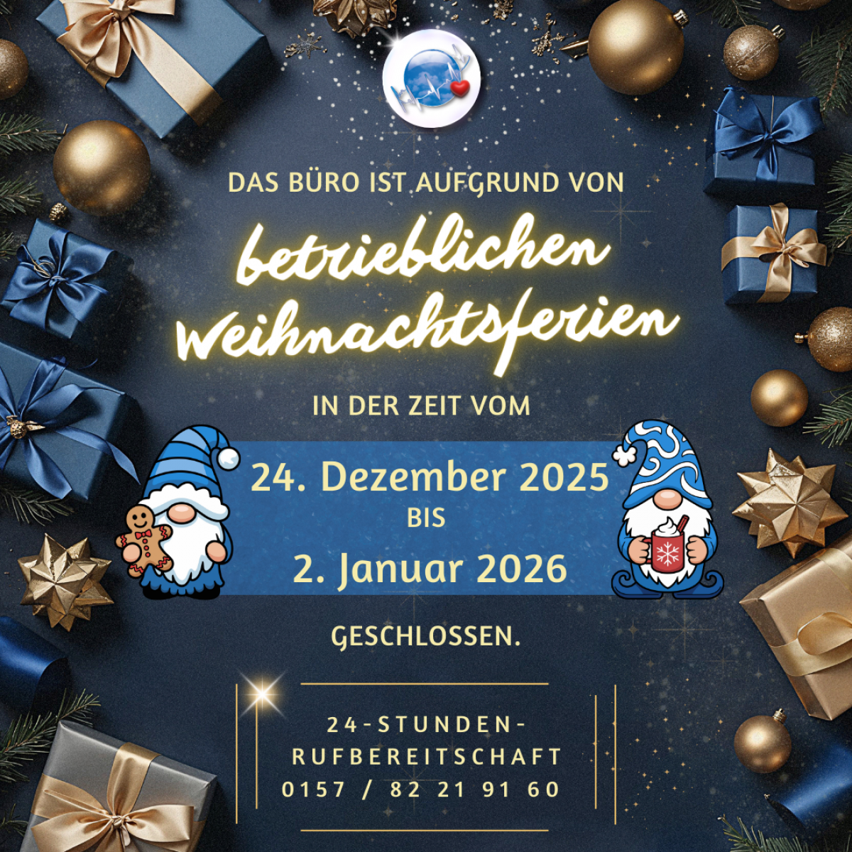Weihnachtsgrafik von Pflegeteam Himmel mit festlicher Dekoration in Blau und Gold. Text informiert über Büroschließung vom 24. Dezember 2025 bis 2. Januar 2026 mit 24-Stunden-Rufbereitschaft unter 0157/82219160.