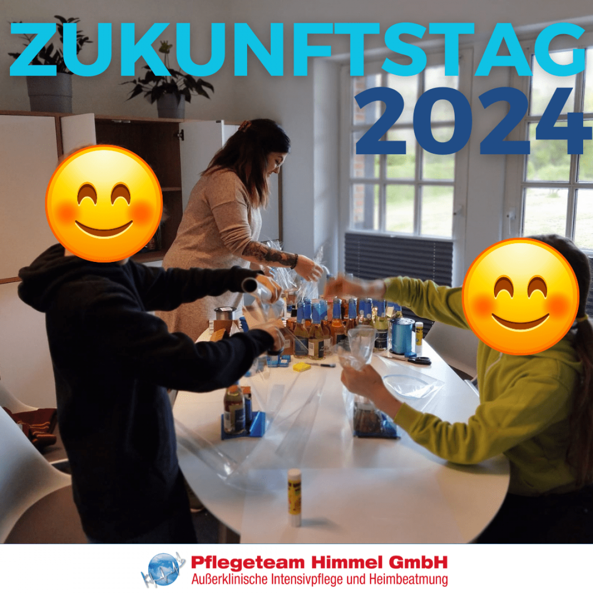 Personen bei einer Aktivität am Zukunftstag 2024 mit lächelnden Emojis als Gesichter.